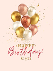 happy birthday text with gold and rose colored balloons