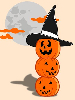 image of stack of three jack-o-lanterns with a witch hat on top and a moon in the background