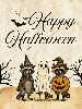 happy Halloween text with cartoon raccoons dressed in witch, ghost and jack-o-lantern Halloween costumes