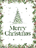 Merry Christmas text with pine tree on white background framed by holly and pine garland
