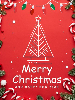 Merry Christmas and Happy New Year text with white line art Christmas tree on red background framed by candy canes and Christmas lights