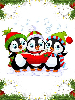 trio of cartoon penguin carolers framed by Christmas lights and pine garland