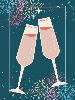 cartoon image of two clinking champagne glasses over a background of fireworks in night sky