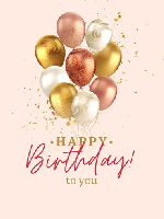 happy birthday text with gold and rose colored balloons