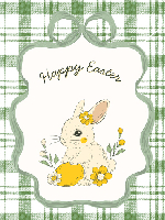 happy easter text, green plaid background, bunny and easter egg