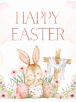 happy easter text, bunny with eggs and cross with cloth draped across it