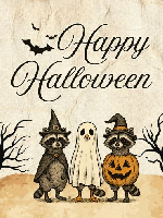 happy Halloween text with cartoon raccoons dressed in witch, ghost and jack-o-lantern Halloween costumes