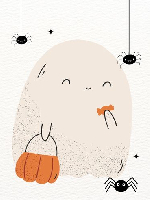 cartoon of cute ghost carrying candy and bag surrounded by cute cartoon spiders