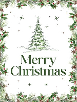 Merry Christmas text with pine tree on white background framed by holly and pine garland
