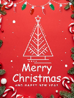 Merry Christmas and Happy New Year text with white line art Christmas tree on red background framed by candy canes and Christmas lights