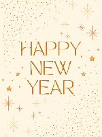 happy new year text surrounded by glitter, gold colors on off-white background