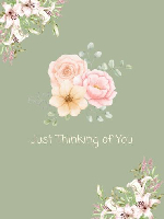 just thinking of you text on olive green background with bouquet of pink flowers