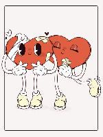 cartoon of two animated hearts with faces, arms, and legs, one has a bandage and is being kissed by the other