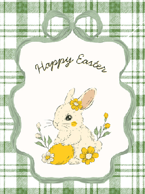 happy easter text, green plaid background, bunny and easter egg