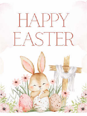 happy easter text, bunny with eggs and cross with cloth draped across it