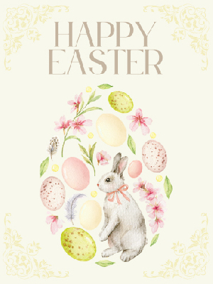 happy easter text with bunny in the center surrounded by spring flowers and eggs