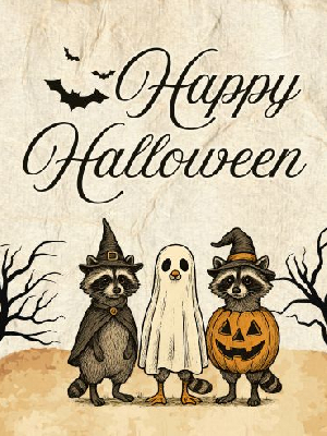 happy Halloween text with cartoon raccoons dressed in witch, ghost and jack-o-lantern Halloween costumes