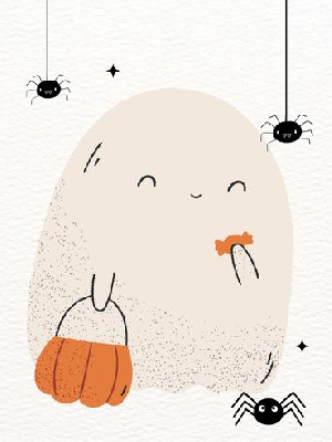 cartoon of cute ghost carrying candy and bag surrounded by cute cartoon spiders