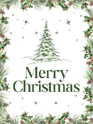 Merry Christmas text with pine tree on white background framed by holly and pine garland
