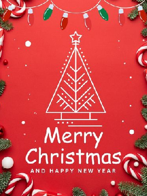 Merry Christmas and Happy New Year text with white line art Christmas tree on red background framed by candy canes and Christmas lights