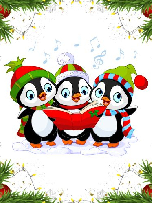 trio of cartoon penguin carolers framed by Christmas lights and pine garland