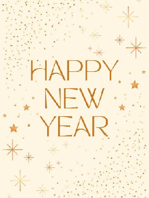 happy new year text surrounded by glitter, gold colors on off-white background