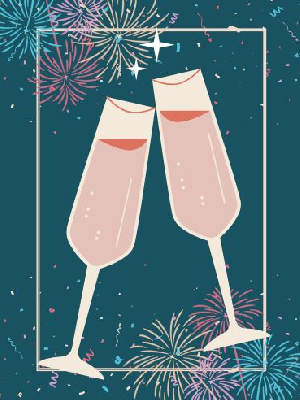 cartoon image of two clinking champagne glasses over a background of fireworks in night sky