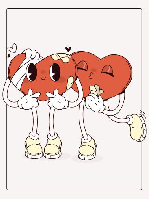 cartoon of two animated hearts with faces, arms, and legs, one has a bandage and is being kissed by the other