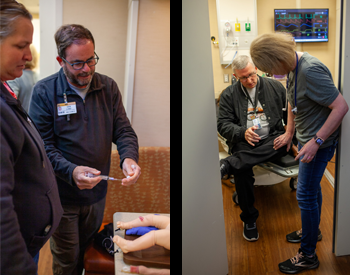 L: MU Outreach Education Coordinator Dan Lund, gives instruction on the proper technique for IO Vascular Access.
R: CCMH Clinical Educator, Todd Tiedemann, RN demonstrates locating an ideal insertion point for IO Vascular Access.Nursing staff practice skills inside the University of Missouri School of Medicine Mobile Sim Lab